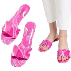 Larroude Ivy Slide Sandal 6.5 Wave Pattern Resort Flat Trendy Chic Vibrant Pink